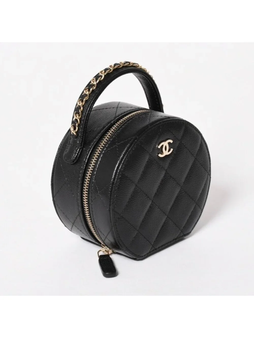 Chanel Small Round Vanity Bag Handbag Stand CC Logo Caviar Leather Black